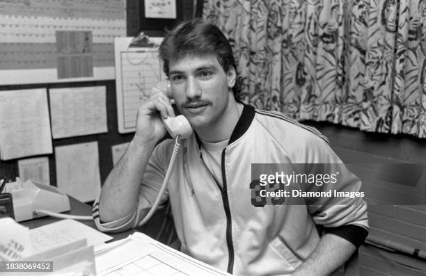 Massillon High School's Chris Spielman talks on the phone at Massillon High School on February 8, 1984 in Massillon, Ohio.