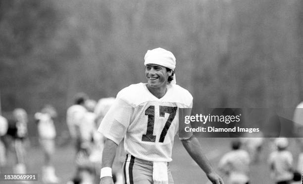 Brian Sipe of the Cleveland Browns laughs during a training camp practice at Kent State University on July 25, 1979 in Kent, Ohio.