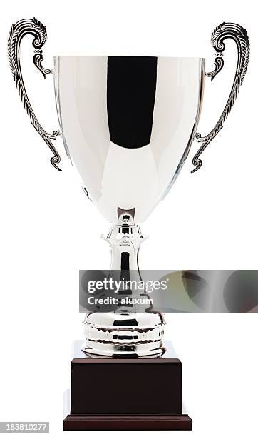 close-up of silver trophy isolated on white background - award white background stockfoto's en -beelden