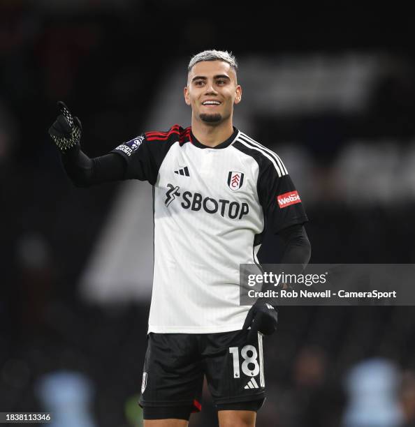 Fulham's Andreas Pereira celebrates at the end of the match during the Premier League match between Fulham FC and West Ham United at Craven Cottage...