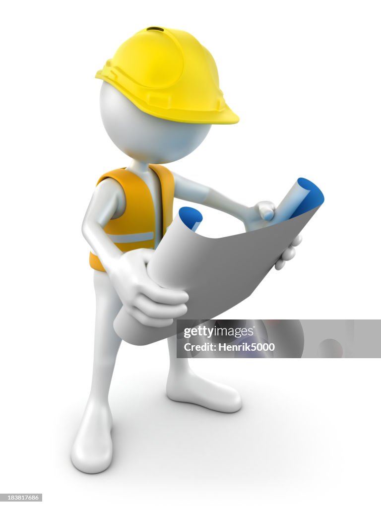 3d Construction worker reading plans, isolated w. clipping path