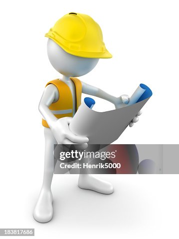3d Construction worker reading plans, isolated w. clipping path 3d Construction worker reading plans, isolated w. clipping path