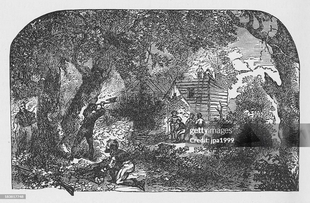 19th century illustration of settlers building James town