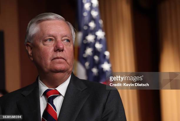 Sen. Lindsey Graham attends a press conference on border security at the U.S. Capitol on December 07, 2023 in Washington, DC. The group of Republican...