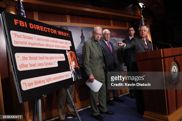 Sen. Lindsey Graham speaks at a press conference on border security at the U.S. Capitol on December 07, 2023 in Washington, DC. The group of...