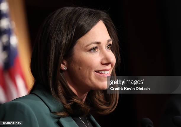 Sen. Katie Britt speaks at a press conference on border security at the U.S. Capitol on December 07, 2023 in Washington, DC. The group of Republican...