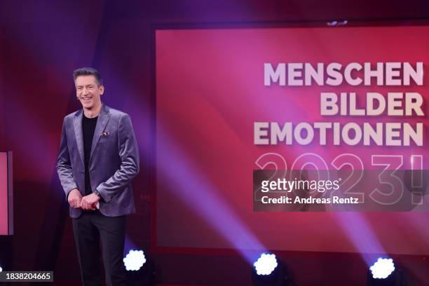 Host Steffen Hallaschka speaks during the "2023! Menschen, Bilder, Emotionen" TV show on December 07, 2023 in Huerth, Germany.