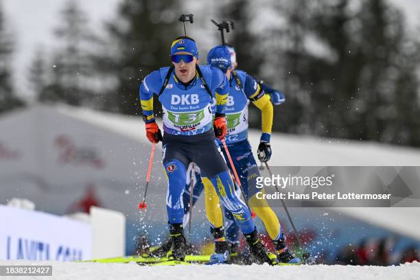 Dmytro Pidruchnyi of Ukraine competes during the Men 4x7.5 km Relay at the BMW IBU World Cup Biathlon Hochfilzen on December 10, 2023 in Hochfilzen,...