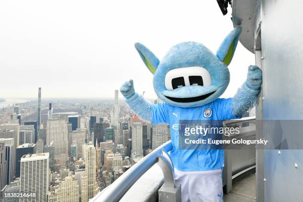 Moonchester poses as Shaun-Wright Phillips visits the Empire State Building with Manchester City F.C. Treble Trophies at The Empire State Building on...