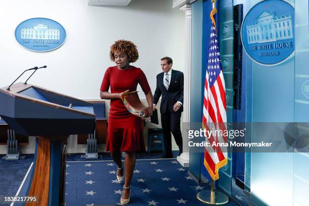 White House press secretary Karine Jean-Pierre and National Security Council Coordinator for Strategic Communications John Kirby arrive to a news...
