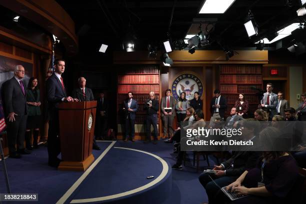 Sen. Tom Cotton speaks at a press conference on border security at the U.S. Capitol on December 07, 2023 in Washington, DC. The group of Republican...