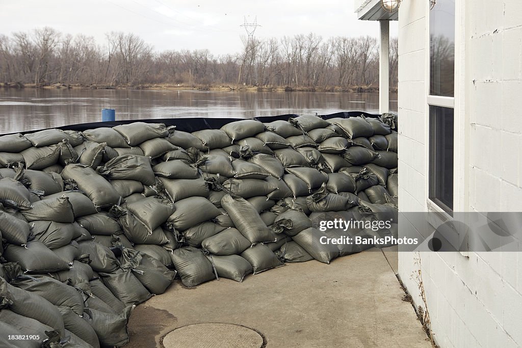 Sandbag Wall Prepared for a Major River Flood