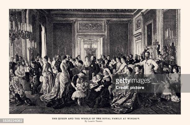 the queen victoria and the whole of the royal family at windsor (xxxl) - luxury family stock illustrations