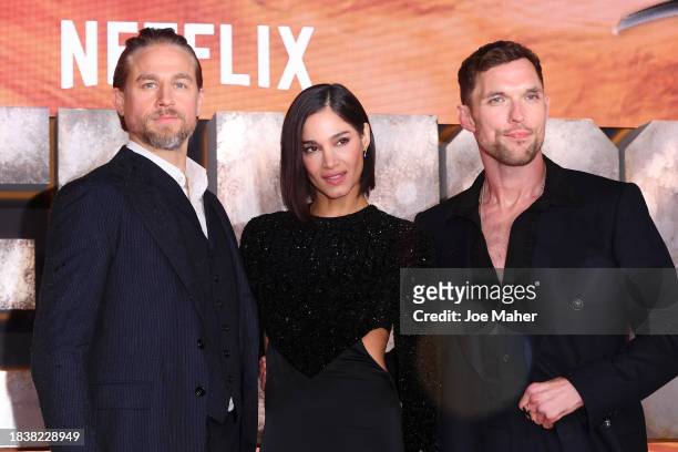 Charlie Hunnam, Sofia Boutella and Ed Skrein attend the London premiere of "Rebel Moon - Part One: A Child Of Fire" at BFI IMAX Waterloo on December...