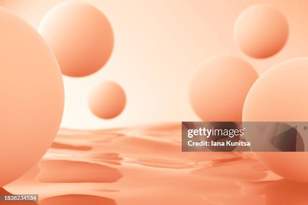 color trend 2024 peach color concept. pastel pink soft spheres, bubbles, molecules, drops and liquid on beige background. abstract 3d pattern, composition. design element. - skin tone stock pictures, royalty-free photos & images