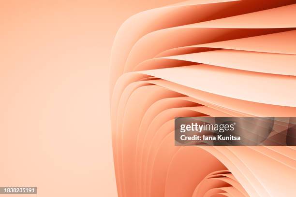 color trend 2024 peach fuzz concept. pastel pink, beige, peach color layered, waves background. abstract 3d pattern. geometric composition. design element. - peach tranquility stock pictures, royalty-free photos & images