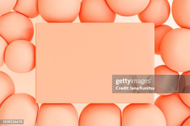 color trend 2024 peach color concept. pastel pink platform, pedestal for text, products and soft spheres, bubbles, drops background. abstract 3d pattern, composition. copy space. design element. - farbprobe stock-fotos und bilder