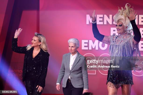 Evelyn Burdecki, Marie-Agnes Strack-Zimmermann and Olivia Jones arrive for the "2023! Menschen, Bilder, Emotionen" TV show on December 07, 2023 in...