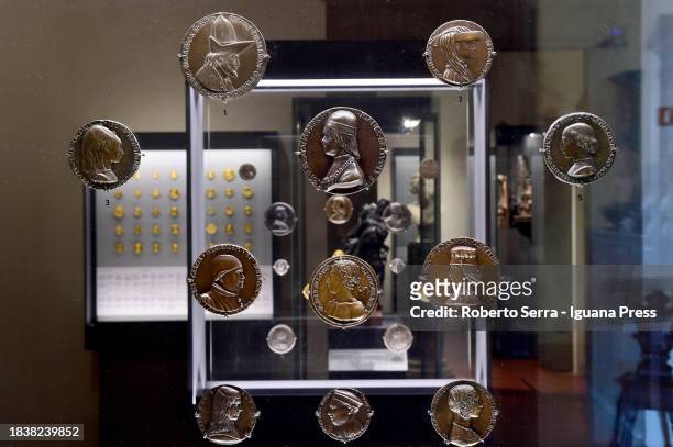 General view of the Medal Collection exhibition at Bargello's Baroque Hall at Bargello Museum on December 07, 2023 in Florence, Italy.