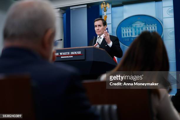 National Security Council Coordinator for Strategic Communications John Kirby speaks during a news briefing at the White House at the White House on...