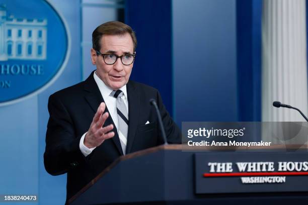 National Security Council Coordinator for Strategic Communications John Kirby speaks during a news briefing at the White House at the White House on...