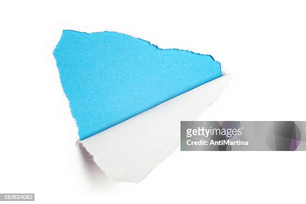 torn white paper revealing light blue background - tear bildbanksfoton och bilder