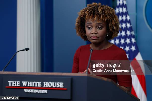 White House press secretary Karine Jean-Pierre speaks during a news briefing at the White House at the White House on December 07, 2023 in...