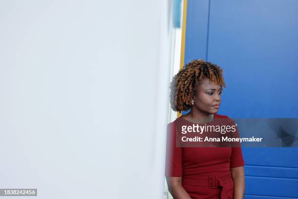 White House press secretary Karine Jean-Pierre listens as National Security Council Coordinator for Strategic Communications John Kirby speaks during...