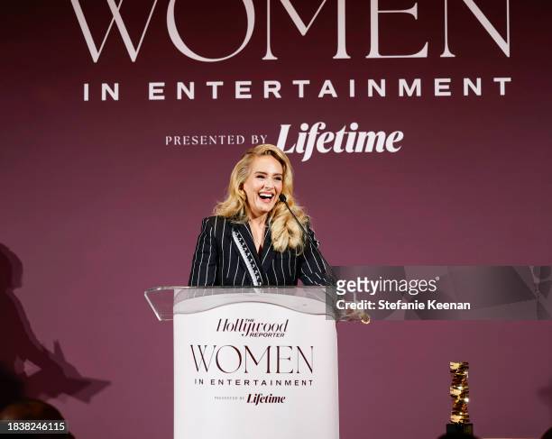 Adele speaks onstage during The Hollywood Reporter's Women in Entertainment 2023 at The Beverly Hills Hotel on December 07, 2023 in Los Angeles,...