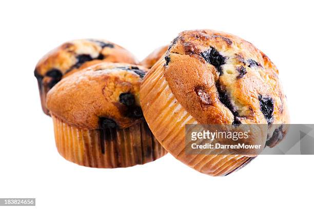 three blueberry muffins on white background - muffin stock pictures, royalty-free photos & images