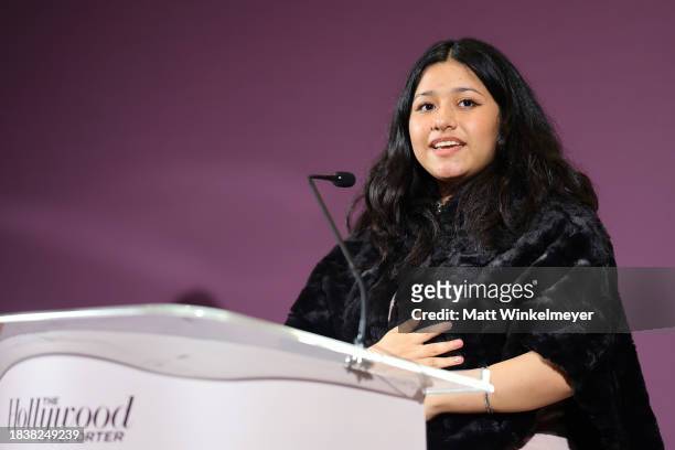 Linda Olivares speaks onstage during The Hollywood Reporter's Women in Entertainment 2023 at The Beverly Hills Hotel on December 07, 2023 in Los...