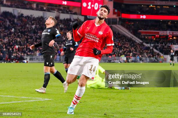 Ricardo Pepi of PSV Eindhoven scores the 2-0 celebrating his goal during the Dutch Eredivisie match between PSV Eindhoven and sc Heerenveen at...