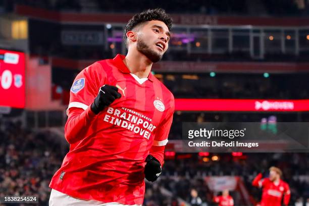 Ricardo Pepi of PSV Eindhoven scores the 2-0 celebrating his goal during the Dutch Eredivisie match between PSV Eindhoven and sc Heerenveen at...