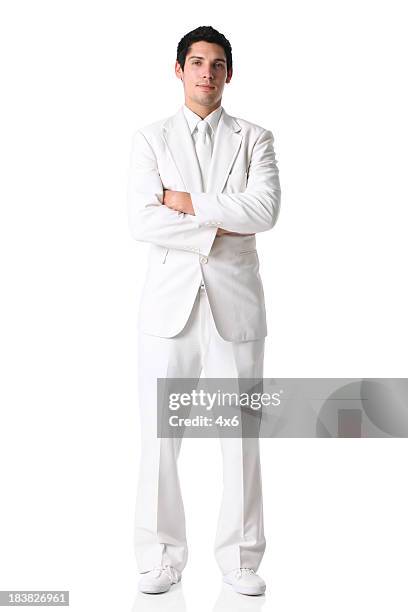 businessman standing in white suit - wit pak stockfoto's en -beelden