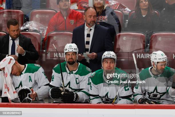 Head coach Peter DeBoer of the Dallas Stars looks on during third period action against the Florida Panthers at the Amerant Bank Arena on December 6,...