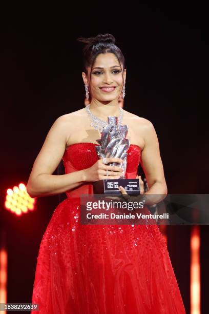 Jury member Freida Pinto is seen on stage during the Closing Ceremony at the Red Sea International Film Festival 2023 on December 07, 2023 in Jeddah,...