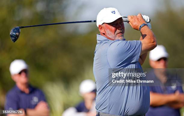 Darren Clarke of Northern Ireland playing for Team Europe plays his shot from the seventh tee on day two of the World Champions Cup at The Concession...