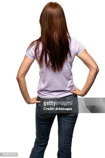 rear view of young woman, three quarter length - brown hair girl stock pictures, royalty-free photos & images