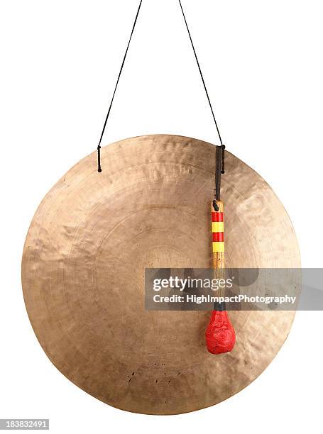 gold plated asian gong with red stick  - gong stock pictures, royalty-free photos & images