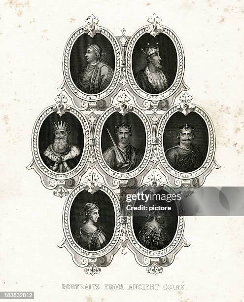 kings portraits from coins - family tree stock illustrations