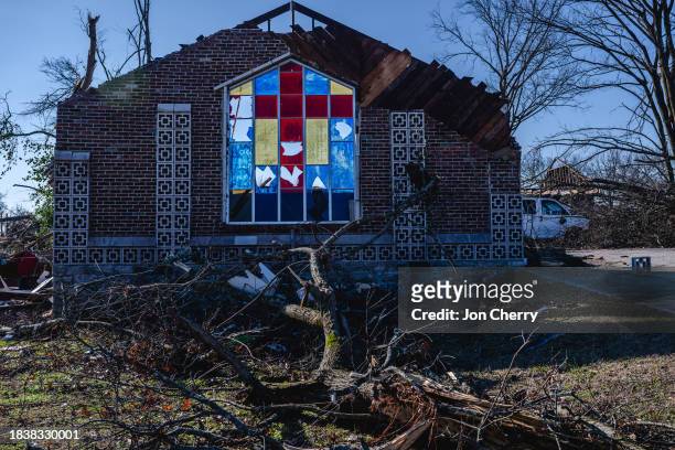 Single standing wall of the nave of Sabbath Day Church of God in Christ is seen in the aftermath of a tornado on December 10, 2023 in Madison,...
