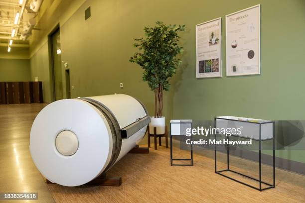 General view of an Earth Funeral, human composting display vessel at Earth Funeral on December 07, 2023 in Auburn, Washington.