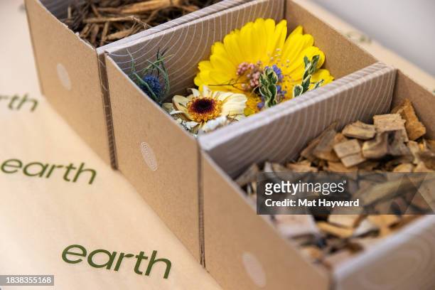 General view of the materials used in Earth Funeral's human composting process at Earth Funeral on December 07, 2023 in Auburn, Washington.