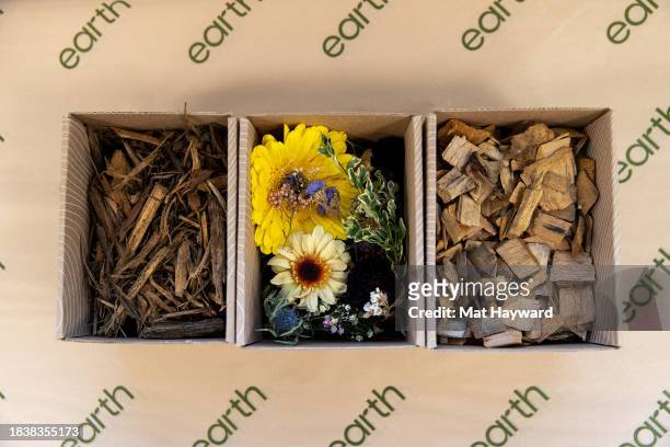 General view of the materials used in Earth Funeral's human composting process at Earth Funeral on December 07, 2023 in Auburn, Washington.