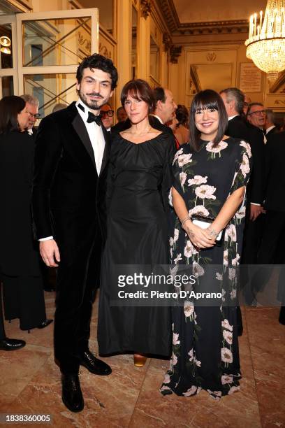Tommaso Sacchi, Selva Barni and Cristina Fogazzi attend the 2023/2024 Season Inauguration at Teatro Alla Scala on December 07, 2023 in Milan, Italy.