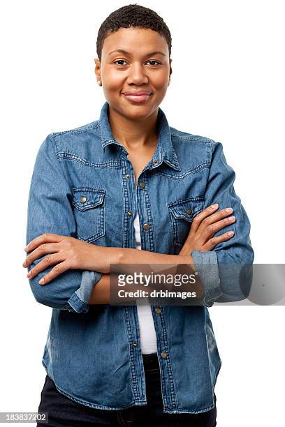 content young woman with arms crossed - short hair stock pictures, royalty-free photos & images