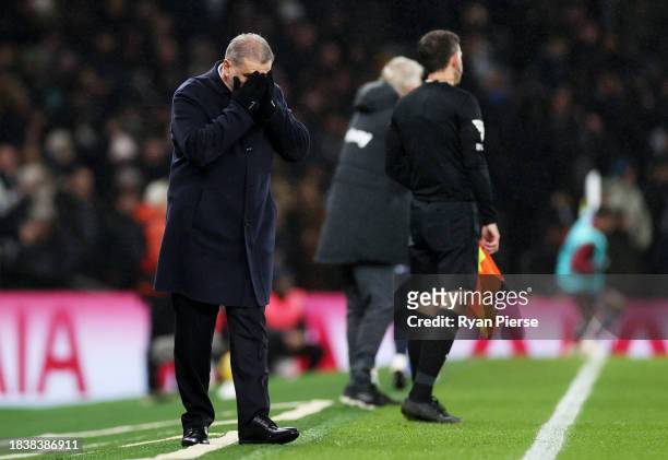 Ange Postecoglou, Manager of Tottenham Hotspur, reacts during the Premier League match between Tottenham Hotspur and West Ham United at Tottenham...