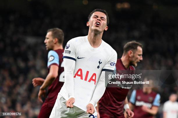 Brennan Johnson of Tottenham Hotspur reacts during the Premier League match between Tottenham Hotspur and West Ham United at Tottenham Hotspur...