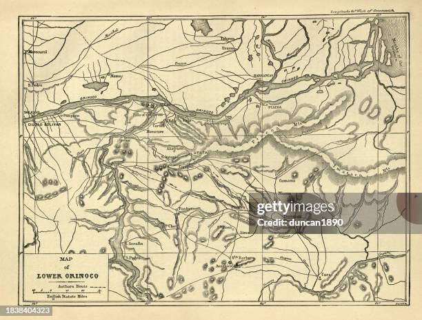 map of the lower orinoco river, victorian south america history 19th century - venezuelan culture stock illustrations