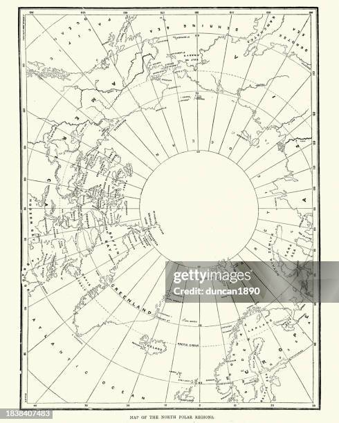 vintage illustration arctic circle, map of the north polar regions, victorian 19th century 1870s - cartography stock illustrations